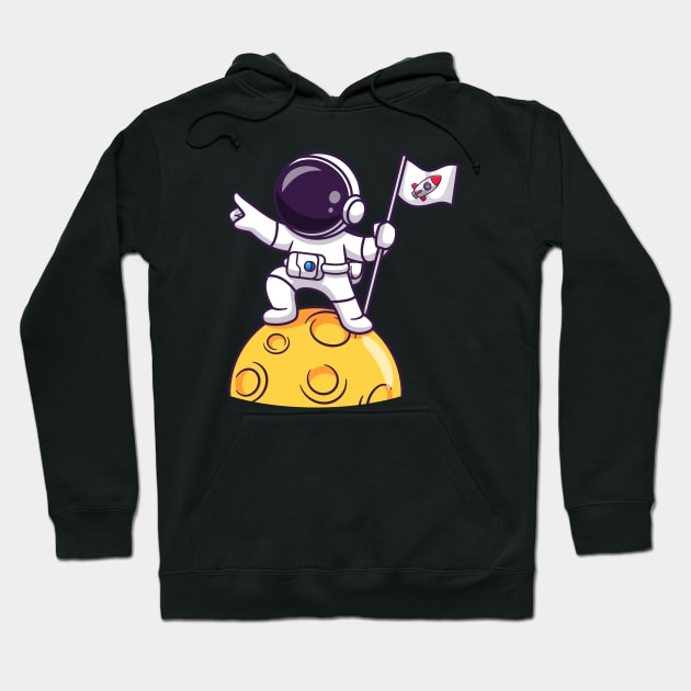 Cute Astronaut Holding Flag On Moon Cartoon Hoodie by Catalyst Labs